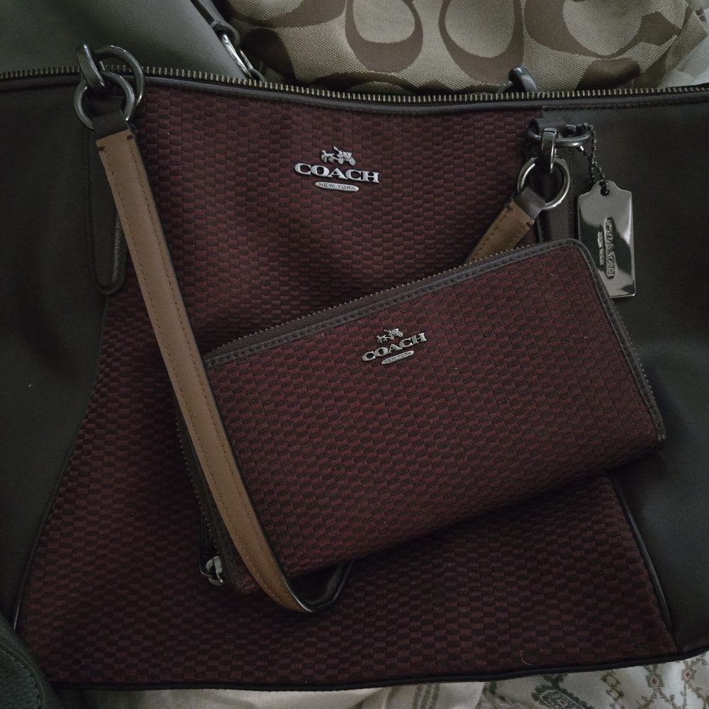 Like new Coach Legacy Jacquard Oxblood Canvas and Leather Tote and wallet